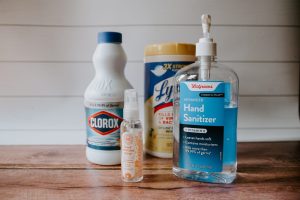 cleaning chemicals on a wood surface